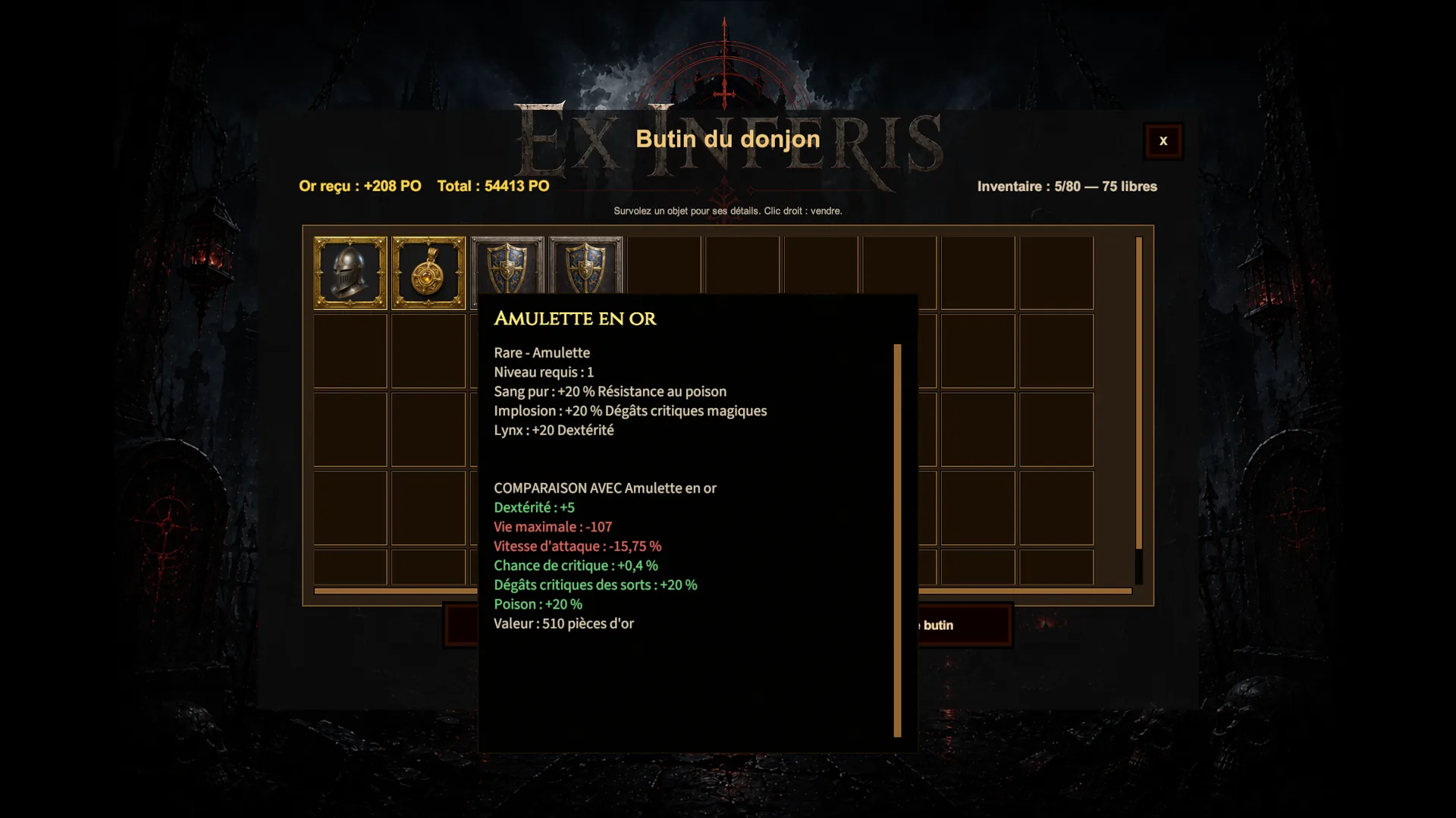 L’écran de butin du donjon compare une amulette en or à l’équipement