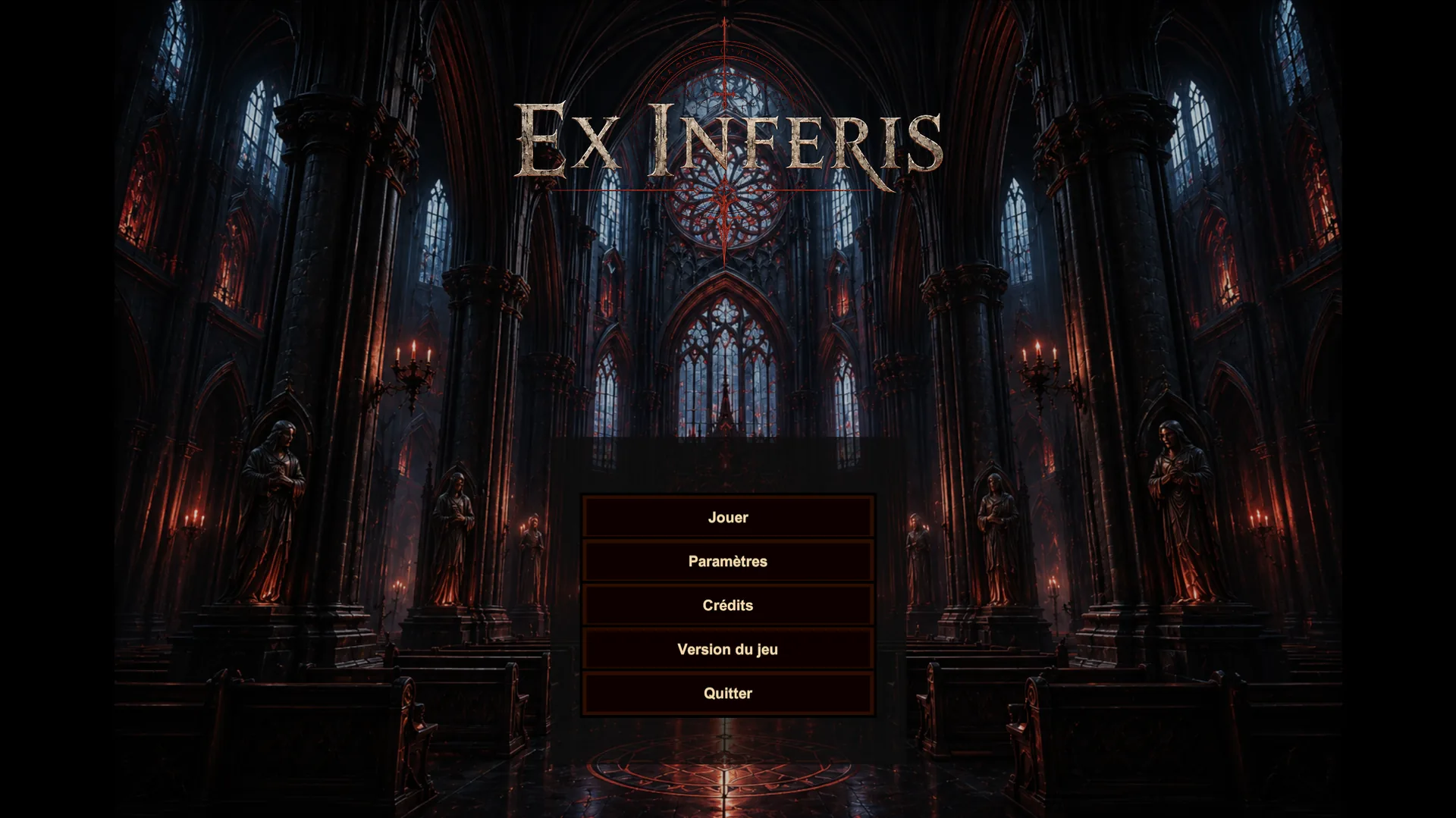 Le menu principal d’Ex Inferis devant une cathédrale gothique
