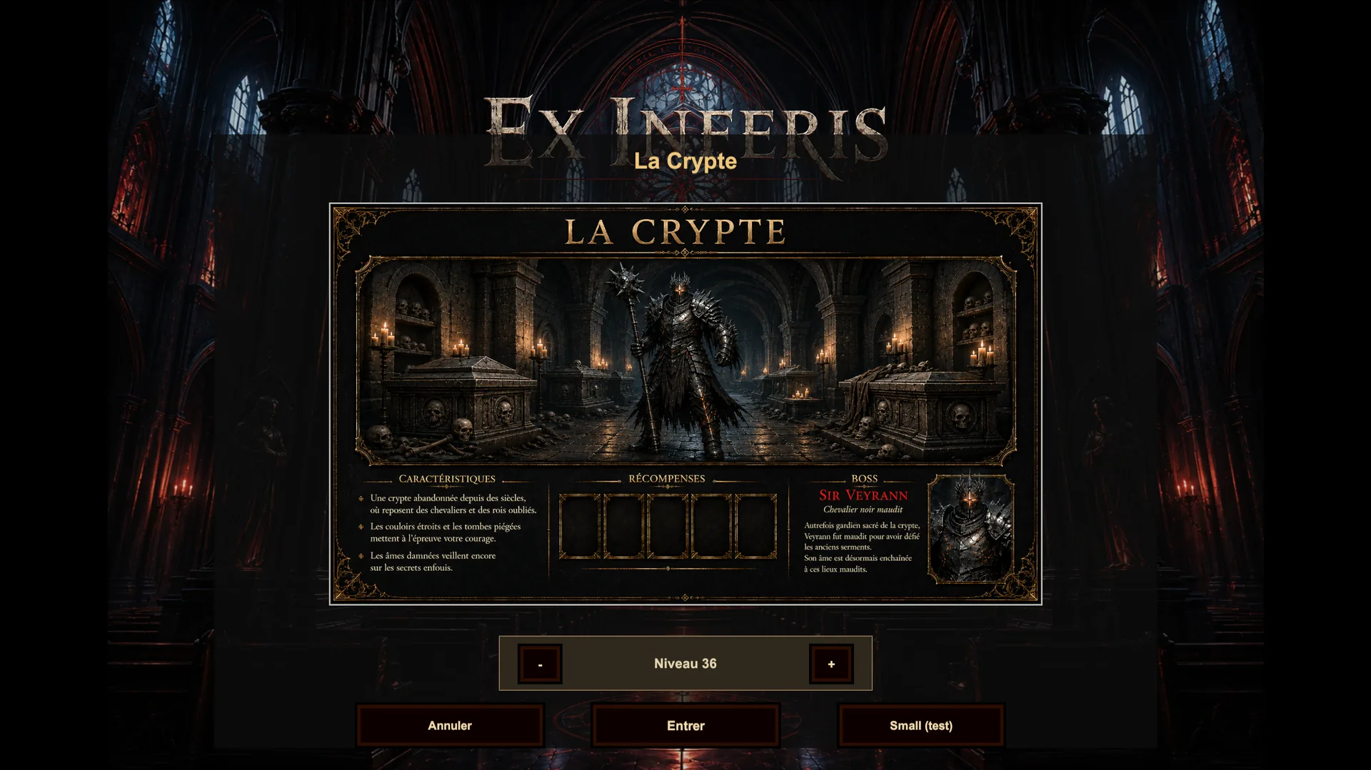 L’écran de sélection de la Crypte et son boss Sire Veyrann